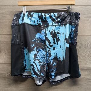 Women's Plus Size 4X Black Blue Print Stretch Pockets Workout Athletic Shorts